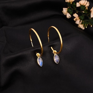 Rainbow Moonstone Hoop Earrings | 925 Sterling Silver Gold Plated Handmade Dangle Hoops | Boho Gemstone Earrings | Minimalist Gift for Her
