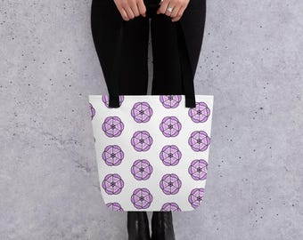 Geometric Flower Tote Bag – All-Over Floral Print, Reusable