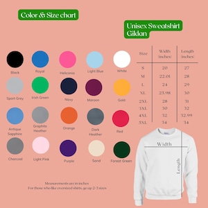 May include: A color and size chart for a Gildan unisex sweatshirt. The chart displays various colors, including black, royal blue, and red. Measurements are in inches, with sizes ranging from S to 5XL. The width of the sweatshirt ranges from 20 to 34 inches.