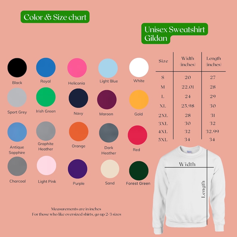 May include: A color and size chart for a Gildan unisex sweatshirt. The chart displays various colors, including black, royal blue, and red. Measurements are in inches, with sizes ranging from S to 5XL. The width of the sweatshirt ranges from 20 to 34 inches.