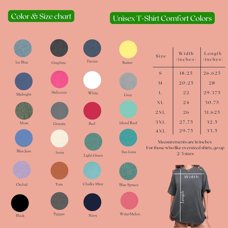 May include: Color chart and size guide for unisex t-shirts. Includes a variety of colors like Ice Blue, Graphite, and Red. Size chart shows width and length measurements in inches, ranging from S to 4XL. Measurements are in inches.