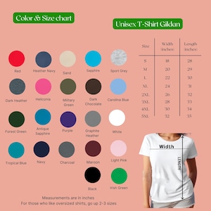 May include: A color and size chart for Gildan unisex t-shirts. The chart displays various colors, including red, navy, and green, with corresponding size measurements in inches. Sizes range from S to 5XL, with width from 18 to 32 inches and length from 28 to 35 inches.