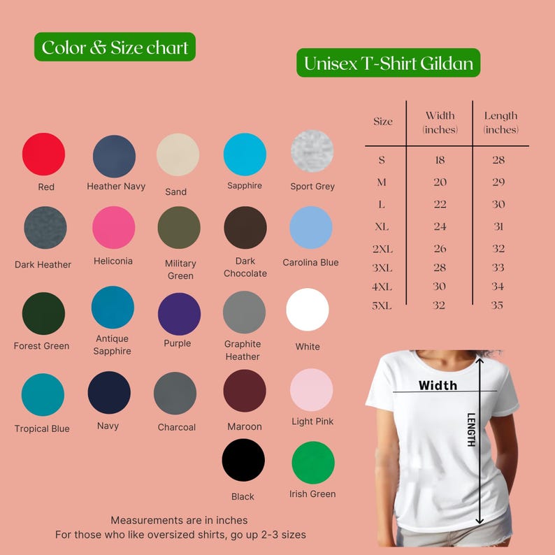 May include: A color and size chart for Gildan unisex t-shirts. The chart displays various colors, including red, navy, and green, with corresponding size measurements in inches. Sizes range from S to 5XL, with width from 18 to 32 inches and length from 28 to 35 inches.