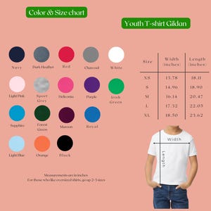 May include: Color and size chart for youth Gildan t-shirts. Includes a color palette with options like navy, red, and black. Size chart shows width and length measurements in inches for sizes XS to XL. A white t-shirt is shown for reference.