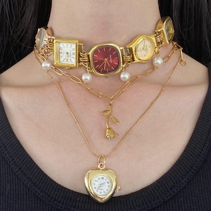 Vintage Gold Pearl Watch Choker and Layered Necklace Set,Rose Charm Watch Necklace,Punk Jewelry with Heart Pendant,Statement Gift for Her