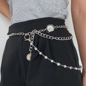 Punk zilveren ketting horlogeriem en kralen parel broek ketting, Y2K grunge broek ketting, zilveren horlogeketting, gotische kralen parel taille sieraden cadeau