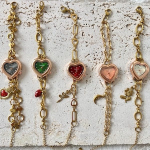 Vintage Multicolor Heart Watch Bracelet, Red Heart Watch, Y2K Charm Watch, Heart Watch Jewelry, Cute Pink Watch, Elegant Handmade Watch Gift