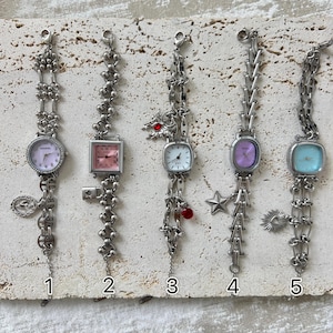 Punk Multicolor Watch Bracelet,Silver Wrist Watch for Women,Y2K Charm Watch,Unique Watch Jewelry,Cute Pink Watch,Elegant Handmade Watch Gift