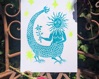 The Sun King - Medieval marginalia linocut print