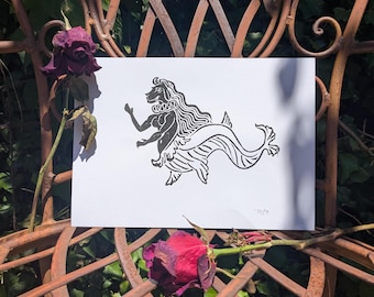 Mer-dog - Medieval marginalia linocut print