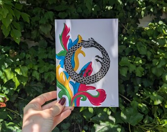 Medieval marginalia linocut print - Floral ouroboros