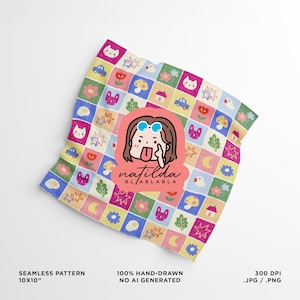 May include: A colorful square patterned fabric with cartoon illustrations of cats, cars, flowers, and houses. The fabric has a pink sticker with a cartoon girl and the text "natilda BL/ABLABLA". The text "SEAMLESS PATTERN 10X10" is also visible.