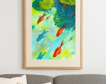 Lámina artística de estanque con peces koi de la suerte en acuarela (descarga digital)