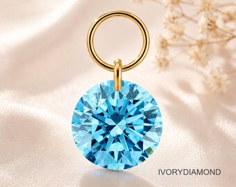 Fancy Round Blue Lab Grown Diamond Charm Floating Extender Dancing Earrings Charms, 14K Solid Gold Minimalist Gift for Her