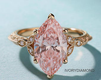 Anillo de compromiso vintage con diamantes cultivados en laboratorio, con certificación IGI y talla marquesa rosa elegante, de 3,00 tcw.