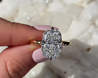 Anillo de compromiso de 3,00 ct con halo oculto y diamante de talla cojín alargado cultivado en laboratorio, en oro macizo de 14 k.