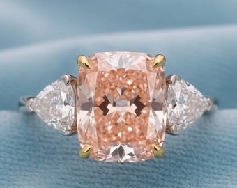 Anillo de compromiso con diamantes de laboratorio de 5,20 quilates en forma de cojín rosa elegante con certificación IGI / Anillo de tres piedras