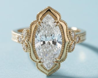 Anillo de compromiso vintage con diamantes cultivados en laboratorio de 2,50 quilates, talla marquesa, engaste de catedral con piedras laterales, color E-F, claridad VS, certificado IGI