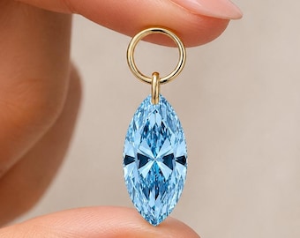 1 Ct Marquise Cut Fancy Blue Lab Grown Diamond Floating Charm 18K Gold Drilled Pendant for Earrings /Necklace Custom Jewelry