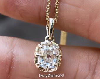 Colgante antiguo europeo de moissanita con engaste de bisel, colgante georgiano de moissanita talla cojín de 4 quilates, colgante antiguo de oro amarillo de 14k con diamantes