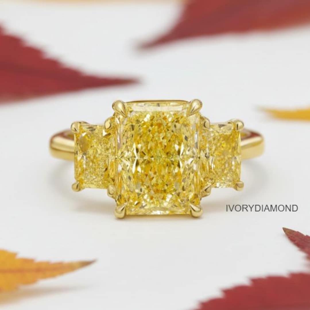 5 TCW Modern Radiant Cut Yellow Lab Grown Diamond Ring Three Stone ...