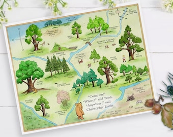 Winnie the Pooh - The Complete Hundred Acre Wood Map 8 x 10 Art Print by Devyn Samara - Whimsical Fairytale Storybook Forest Nursery Decor