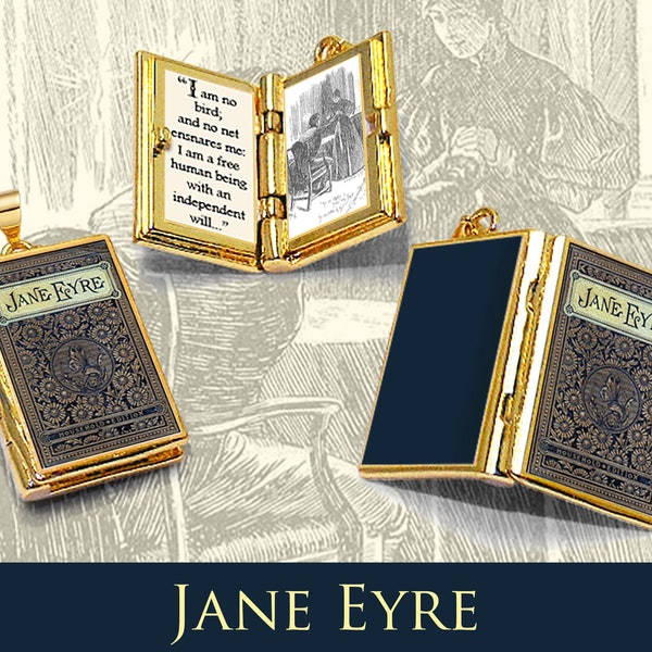 Miniature Book Locket Quote Pendant - Jane Eyre by Charlotte Bronte - Hinged Book Charm Necklace