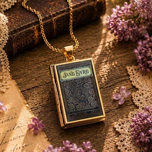 Collar conmemorativo literario de Jane Eyre / Colgante de libro en miniatura de Bronte / Medallón de libro chapado en oro / Regalo para amantes de los libros y lectores
