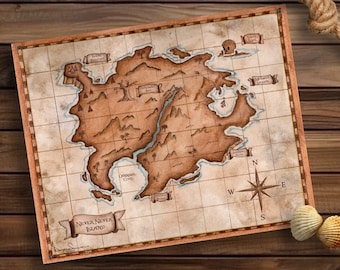 Karta över Neverland, Peter Pan akvarell fantasikonst skattkarta, antik barnrumsdekor