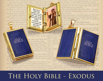 Miniature Book Locket Quote Pendant - The Holy Bible - Exodus 14:13 Moses Quote - Christian Catholic Jewelry Biblical Gift