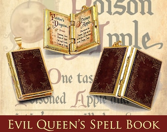 Miniature Book Locket Quote Pendant - Wicked Queen's Spell Book from Snow White - Hinged Book Charm Necklace