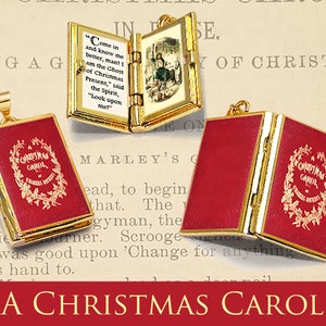 Miniature Book Locket Quote Pendant - A Christmas Carol by Charles Dickens - Holiday Hinged Book Charm Necklace