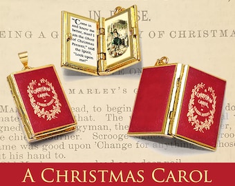 Miniature Book Locket Quote Pendant - A Christmas Carol by Charles Dickens - Holiday Hinged Book Charm Necklace