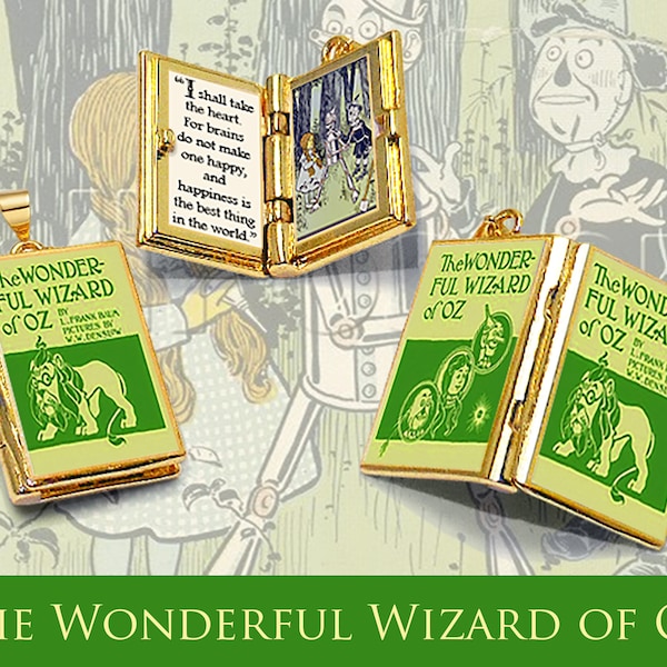 Pendentif citation médaillon livre miniature - Le merveilleux Magicien d'Oz par L. Frank Baum - Collier livre articulé avec breloques