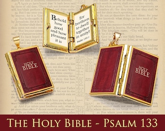 Miniature Book Locket Quote Pendant - The Holy Bible - Psalm 133 - Christian Catholic Jewelry Biblical Gift