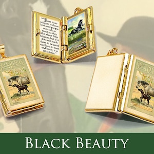 Pendentif citation médaillon livre miniature - Black Beauty par Anna Sewell - collier livre articulé avec breloques