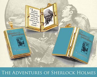 Miniature Book Locket Quote Pendant - The Adventures of Sherlock Holmes by Arthur Conan Doyle - Hinged Book Charm Necklace