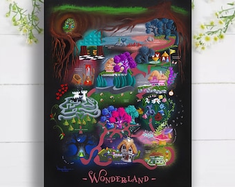 Wonderland Map - Alice in Wonderland Down the Rabbit Hole 8 x 10 Art Print by Devyn Samara - Whimsical Fairytale Storybook Children's Decor