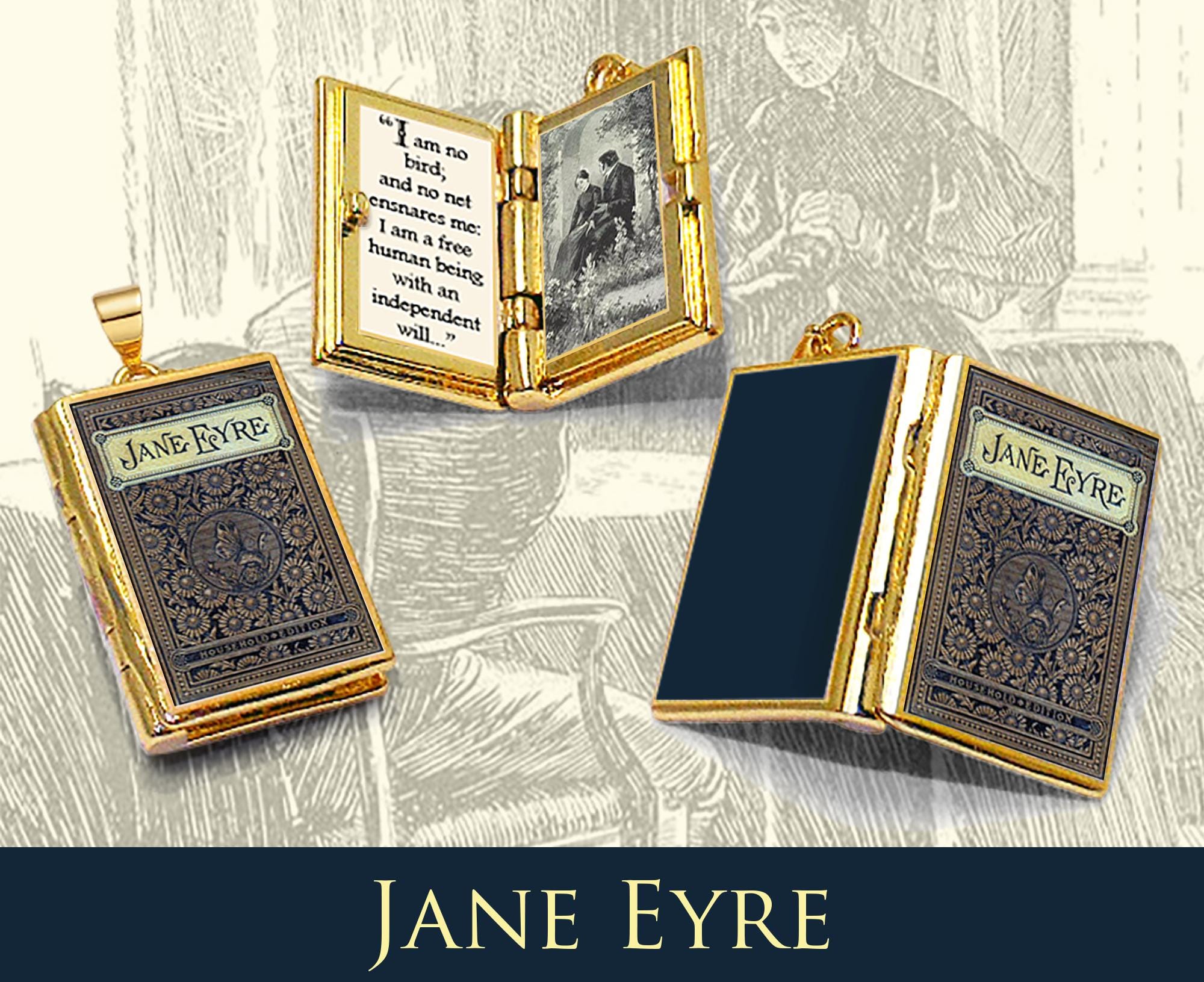 Jane Eyre Book Locket Pendant Necklace, Miniature Literary Charm, 24kt ...