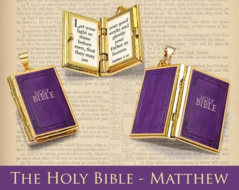 Miniature Book Locket Quote Pendant - The Holy Bible - Matthew 5:16 Jesus' Words- Christian Catholic Jewelry Biblical Gift