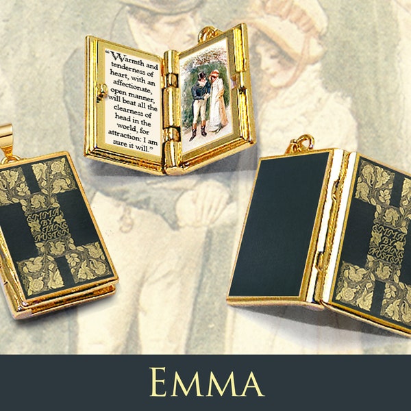 Pendentif citation médaillon livre miniature - Emma par Jane Austen - collier livre articulé avec breloques