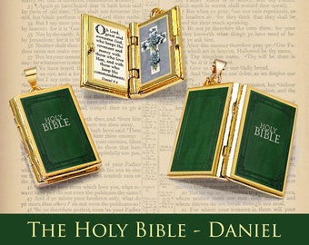 Miniature Book Locket Quote Pendant - The Holy Bible - Daniel 9:4 Verse - Christian Catholic Gold Crucifix Jewelry Biblical Gift