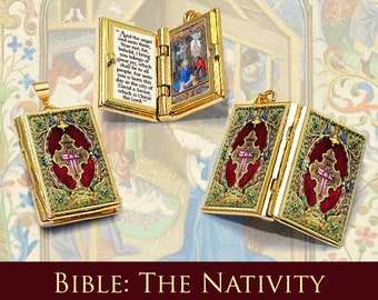 Miniature Book Locket Quote Pendant - Christmas Bible Nativity of Jesus - Holiday Book Charm Necklace
