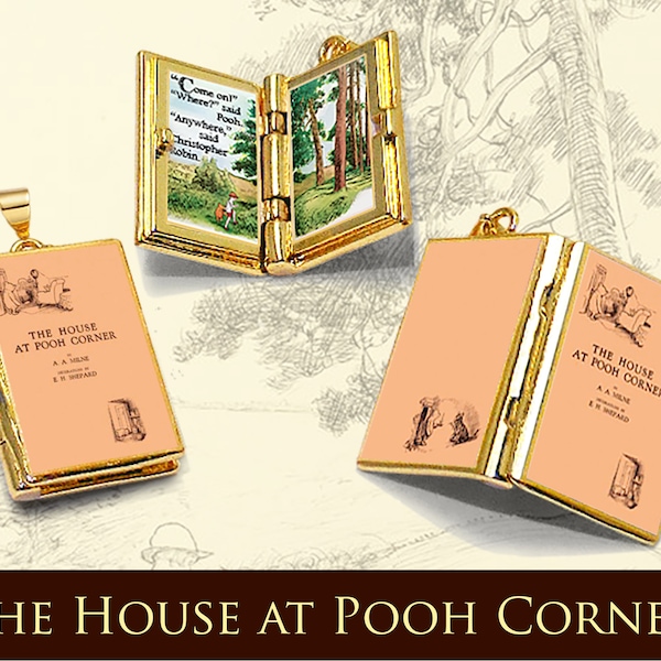 Pendentif citation médaillon livre miniature - La maison à l'angle de l'ourson par A.A. Milne - Collier articulé à breloques livre