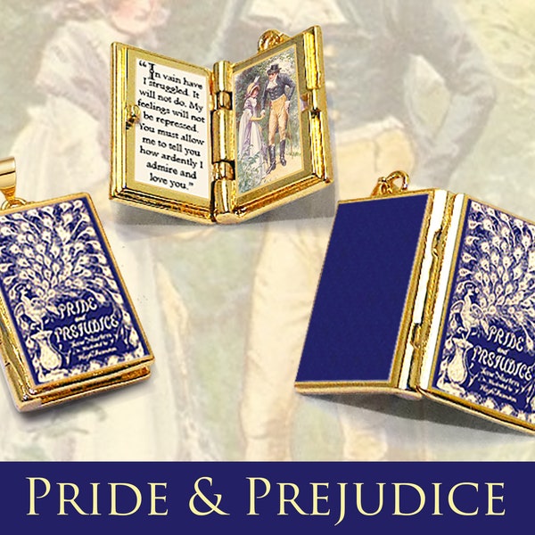 Pendentif citation médaillon livre miniature - Orgueils et préjugés par Jane Austen - Collier livre articulé avec breloques