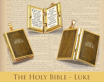 Miniature Book Locket Quote Pendant - The Holy Bible - Luke 6:38 Verse Jesus' Words - Christian Catholic Gold Jewelry Biblical Gift