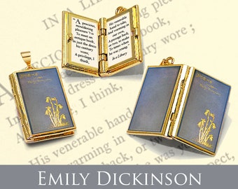 Miniature Book Quote Pendant - Emily Dickinson, In a Library Poem -  Hinged Book Charm Necklace