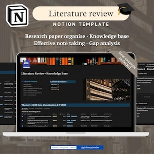 Könnte beinhalten: Ein Laptop-Bildschirm zeigt eine Notion-Vorlage für eine Literaturübersicht mit dem Titel "Literature Review" und dem Text "Research paper organise • Knowledge base • Effective note taking • Gap analysis." Der Bildschirm zeigt ein Inhaltsverzeichnis und eine Wissensdatenbank.