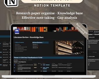 May include: A laptop screen displays a Notion template for literature review, with the title "Literature Review" and the text "Research paper organise • Knowledge base • Effective note taking • Gap analysis." The screen shows a table of contents and a knowledge base.