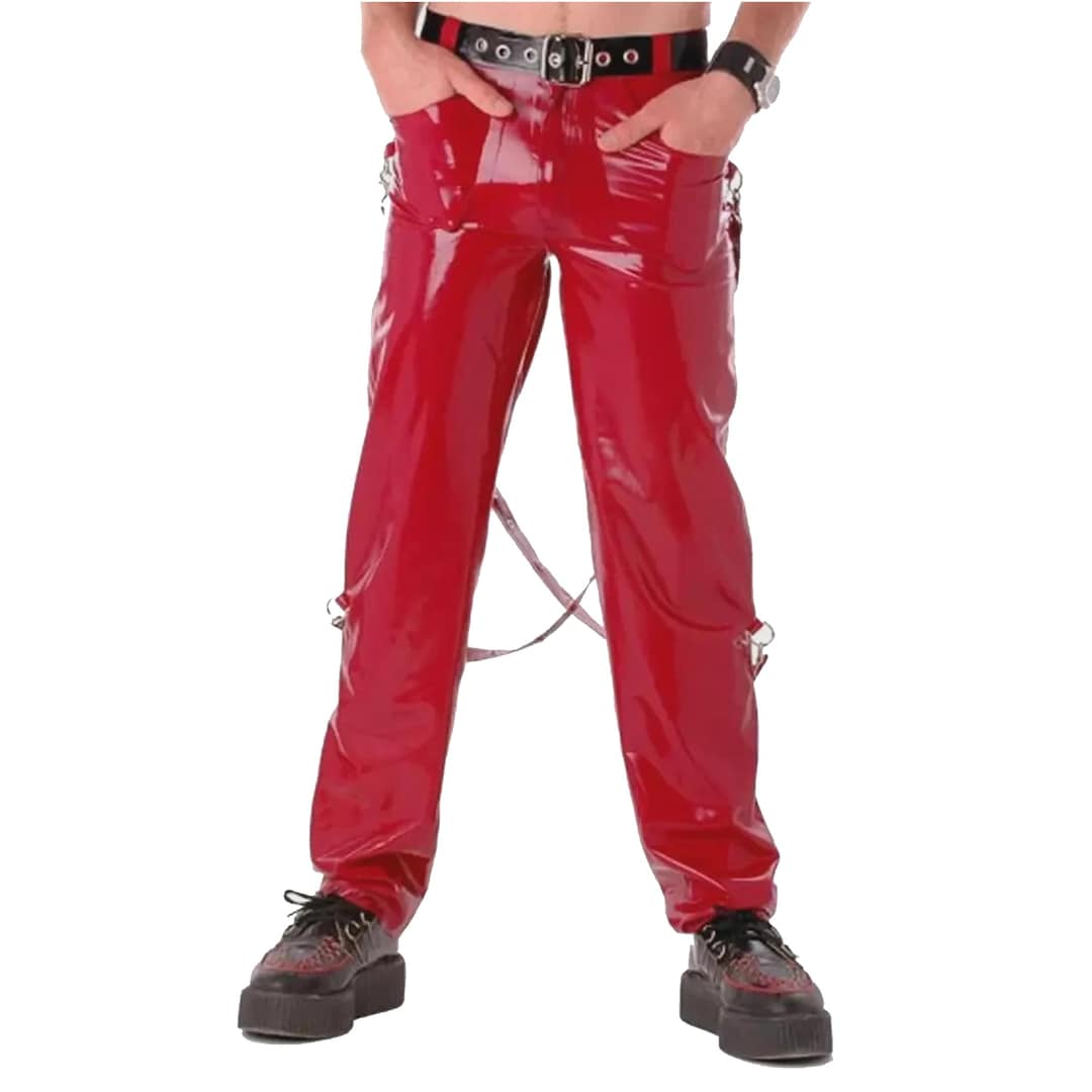 Mens Red PVC Pants Vinyl Goth Trousers Bondage Strap Punk Rock Rave ...